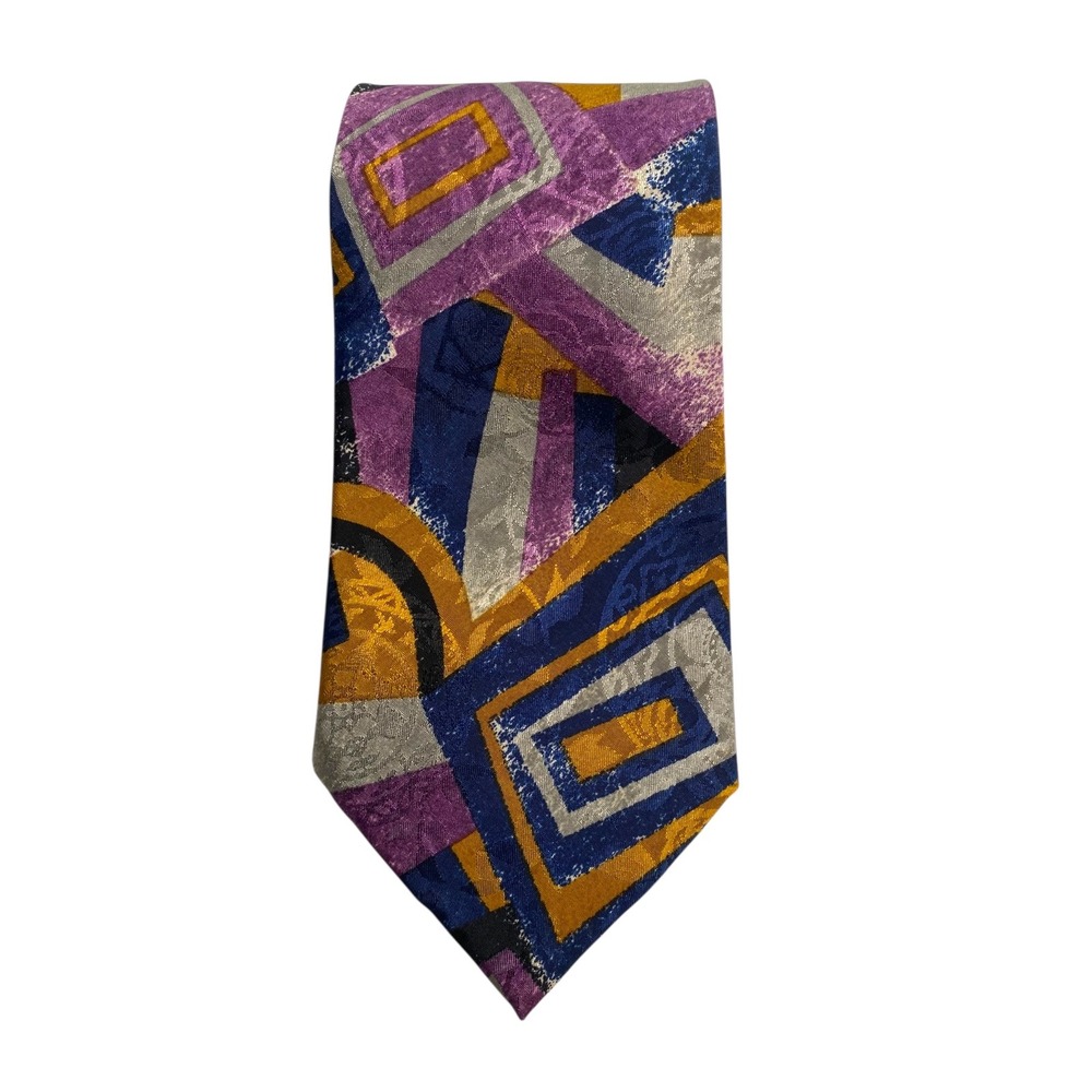Vintage Sa. Stefano Italian Silk Tie Abstract Geometric Purple Gold A20Q